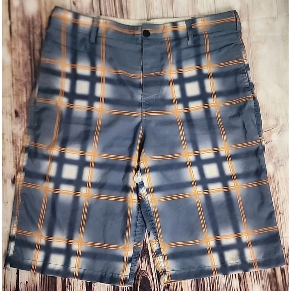 ZOO YORK Board Shorts Mens 32 BLUE‎ Orange Plaid SWIM Beach Cruise Y2K Hawaiian